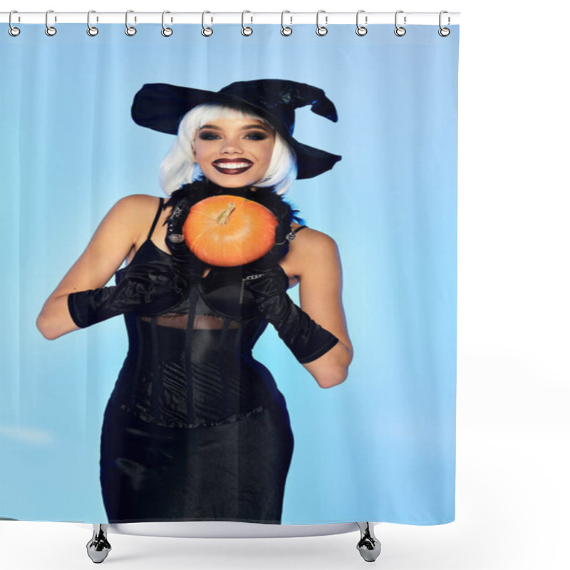 Personality  Dressed As A Witch, A Young Woman Joyfully Presents A Pumpkin, Showcasing Her Festive Spirit. Shower Curtains