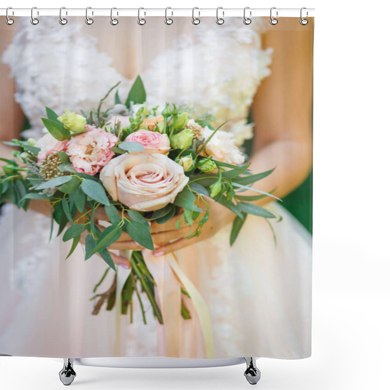 Personality  Bridal Bouquet. Beautiful Wedding Dress. Close Up. Vertical Photo. Shower Curtains