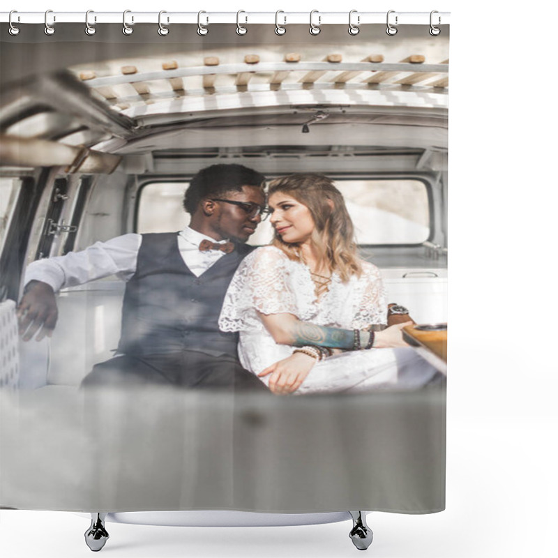 Personality  Happy Couple Hugging While Sitting Inside In Retro Minivan At Sunset In Canyon - Young People Having Fun On Summer Beach Vacation - Travel And Love Concept - Focus On Faces Shower Curtains