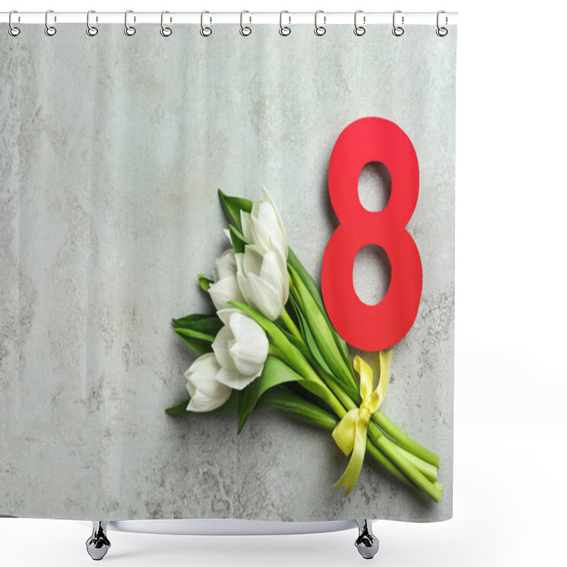 Personality  8 March Greeting Card Design With Tulips On Grey Background, Flat Lay. Space For Text Shower Curtains