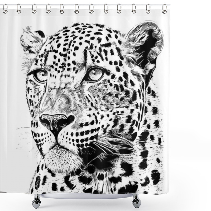 Personality  Portrait Of A Leopard Sketch Hand Drawn Engraved Style Vector Illustration. Shower Curtains