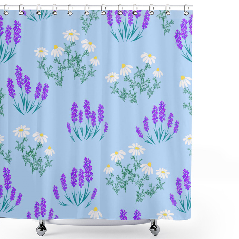 Personality  Botanical Seamless Print With Various Floral Elements. Blue Fields Of Lavender And Chamomile. Fashion Fabric Pattern With Miniature Flowers, Vintage Textile Shower Curtains