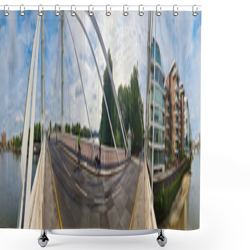 Personality  Wide Angle Panoramic Central Chelsea London City On River Thames Albert Bridge Road England United Kingdom. Low Angle High Resolution Image Was Captured On June 3rd, 2024 Shower Curtains