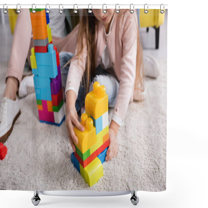 Personality  Cropped View Of Child Playing Building Blocks Near Mother On Carpet  Shower Curtains