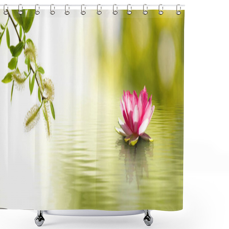 Personality  Image Of A Lotus Flower In The Water And Flowering Tree Branch Shower Curtains