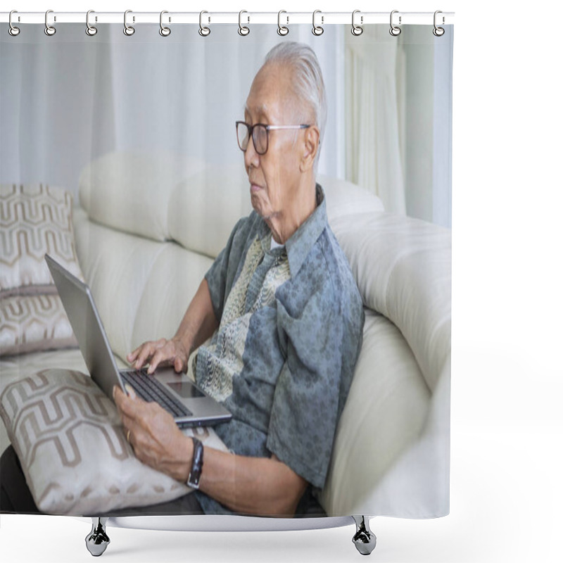 Personality  Elderly Man Using A Laptop At Home Shower Curtains