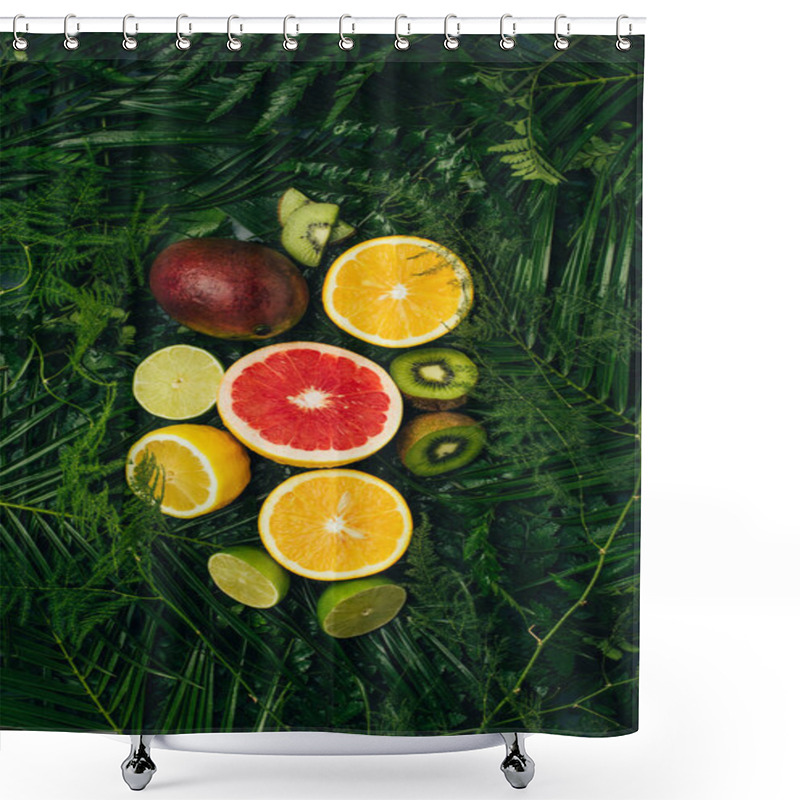 Personality  Top View Of Juicy Fruits On Green Palm Leaves Shower Curtains