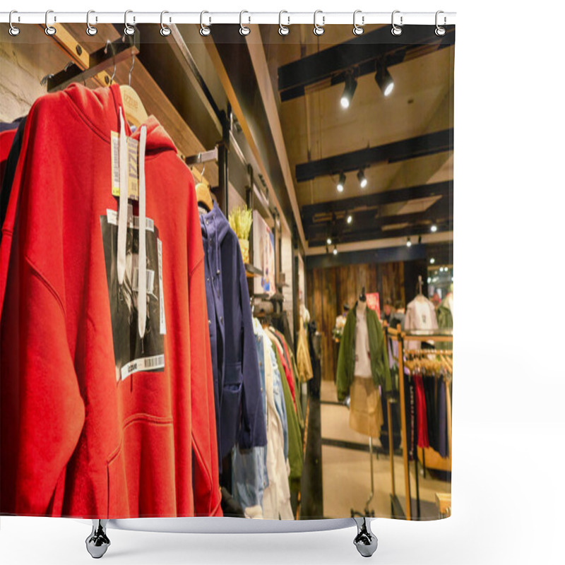 Personality  HONG KONG, CHINA - JANUARY 23, 2019: Clothes On Display At Izzue Store In New Town Plaza. New Town Plaza Is A Shopping Mall In The Town Centre Of Sha Tin, Hong Kong. Shower Curtains