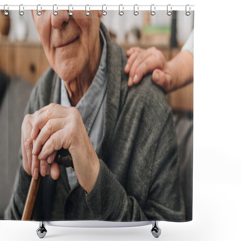 Personality  Cropped View Of Happy Pensioner With Wife Hands On Shoulder  Shower Curtains