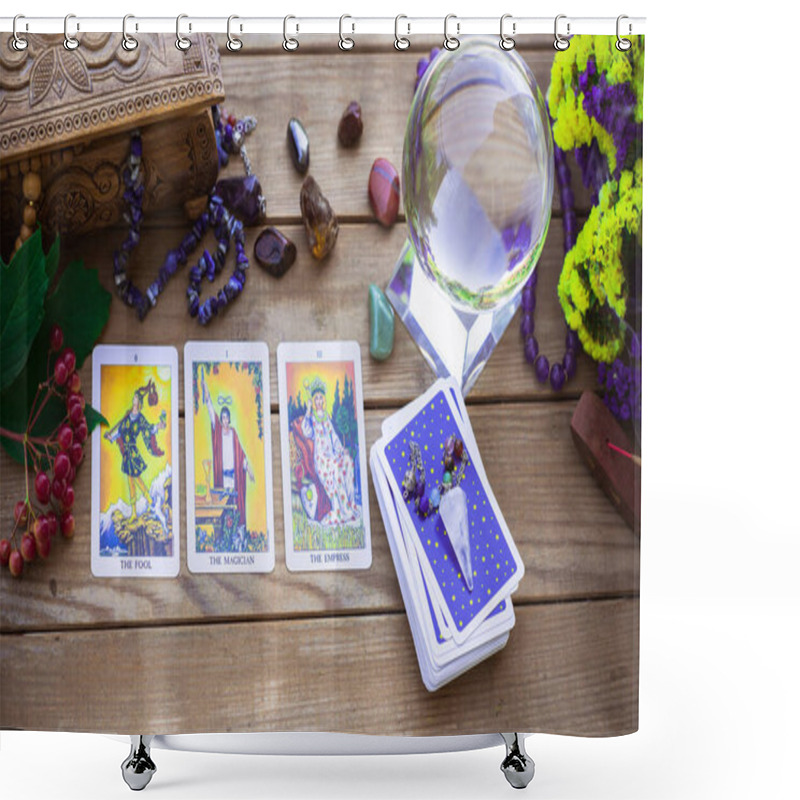 Personality  Tarot Card On A Table, White Magic, Attributes For Witch,  Magic For Love, Health, Attracting Happiness . Esoteric Concept Shower Curtains