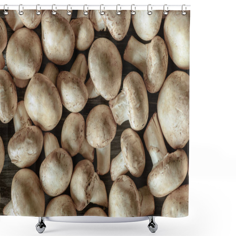 Personality  Full Frame Shot Of Raw White Champignon Mushrooms On Wooden Surface Shower Curtains