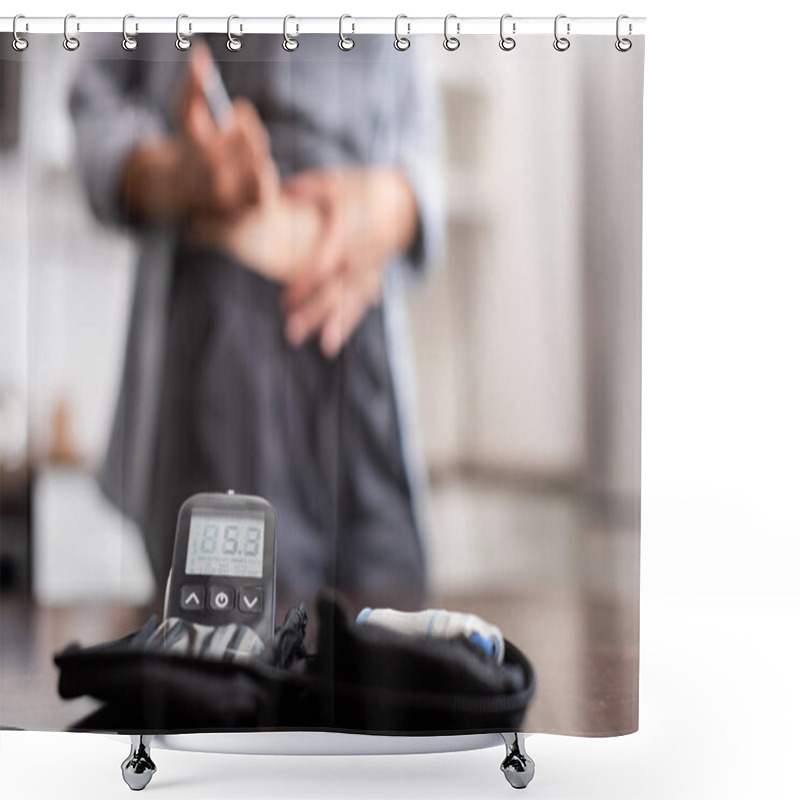 Personality  Selective Focus Of Black First Aid Kid On Wooden Table Near Woman  Shower Curtains