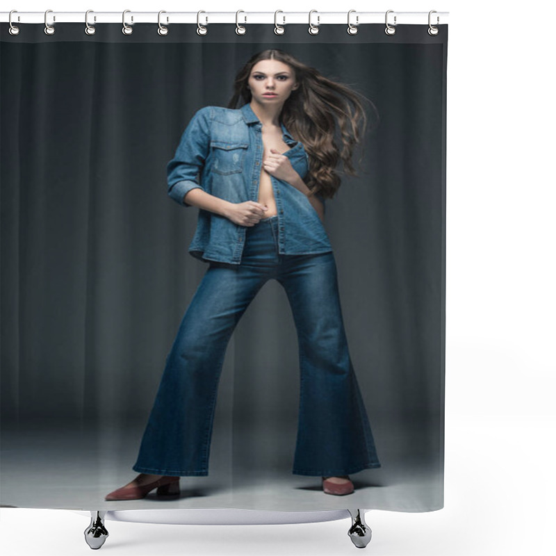 Personality  Attractive Sexy Girl Posing In Denim Clothes, On Grey  Shower Curtains