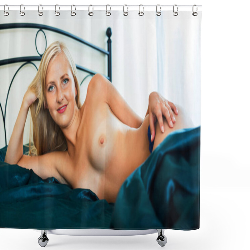 Personality  Playful Young Blonde Girl Posing Naked Shower Curtains