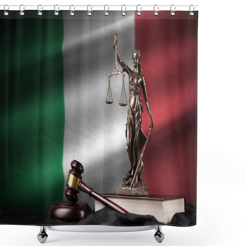 Personality  Italy Flag With Statue Of Lady Justice, Constitution And Judge Hammer On Black Drapery. Concept Of Judgement And Punishment Shower Curtains