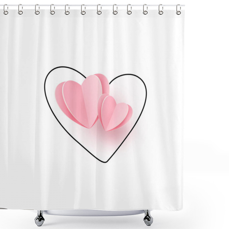 Personality  Two Pink Realistic Paper Cut Hearts On Heart Outline Line, Isolated On White Vector Background. Love Romantic Elegant Pattern. Shower Curtains