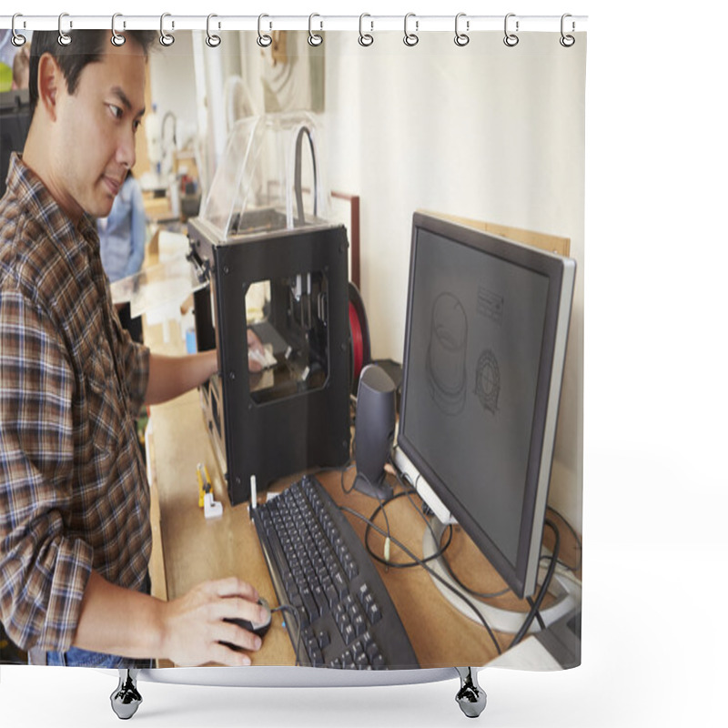 Personality  Male Architect Using 3D Printer In Office Shower Curtains