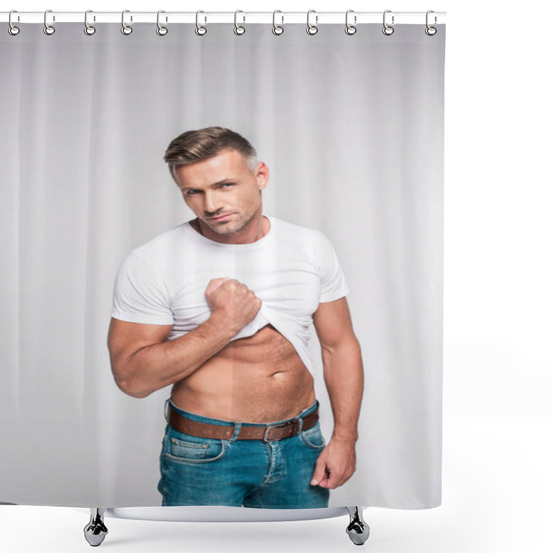 Personality  Portrait Of Sexy Man In Jeans And White T-shirt Looking At Camera Isolated On Grey  Shower Curtains