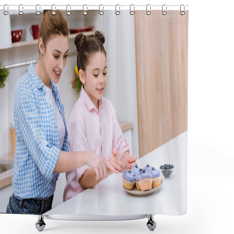 Personality  Mother And Daughter Decorating Creamy Cupcakes With Blueberries Shower Curtains