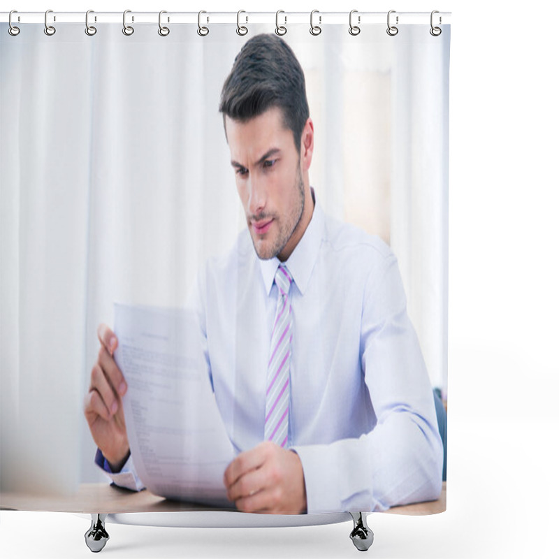 Personality  Businessman Sitting At The Table Reading Document Shower Curtains