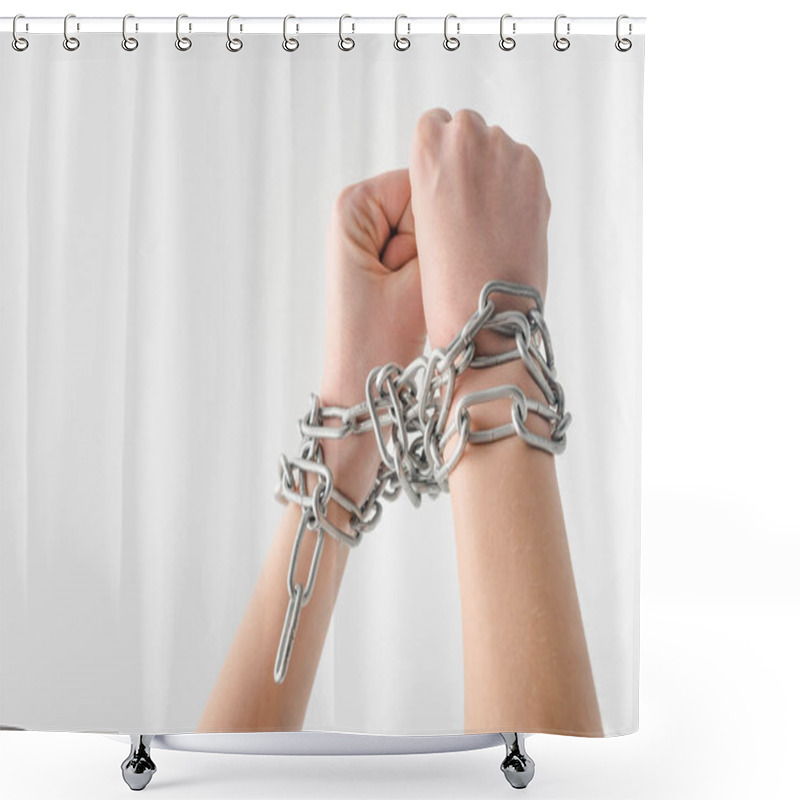 Personality  Cropped View Of Woman In Metallic Chains Isolated On White, Human Rights Concept  Shower Curtains