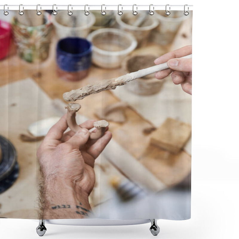 Personality  Hard Working Man Making Pottery In Studio. Shower Curtains