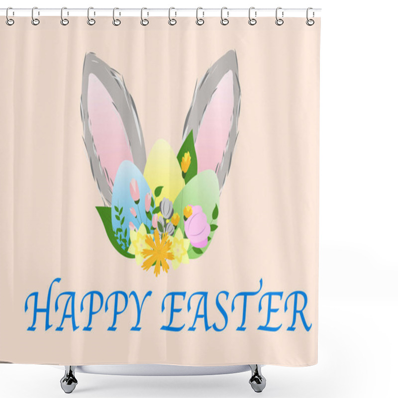 Personality  Illustration Of Cartoon Bunny Ears And Painted Eggs Near Happy Easter Lettering Isolated On Pink Shower Curtains