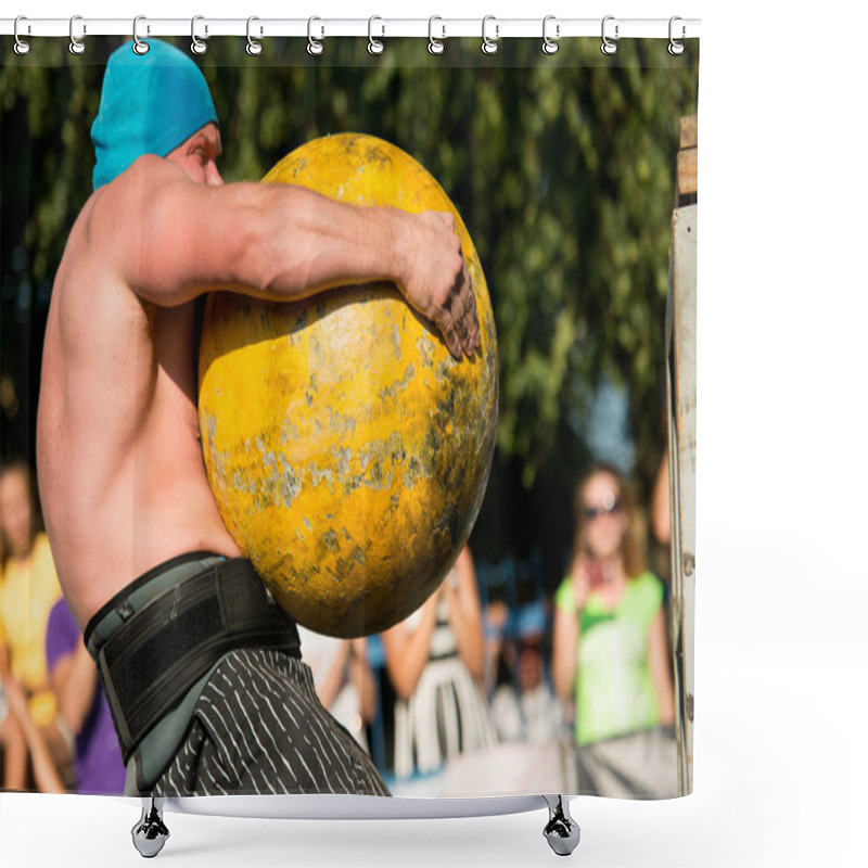 Personality  Speech Strongmen On The Birthday Of The Village In The Village Of Piski, Chernihiv Region, Ukraine 13/08/2017. Athletes Do The Atlas Stones Exercise With Large And Heavy Stones. Shower Curtains