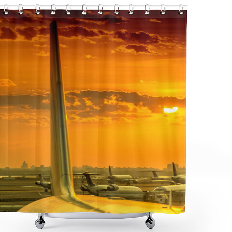 Personality  Airplanes At Airport At Sunset Shower Curtains