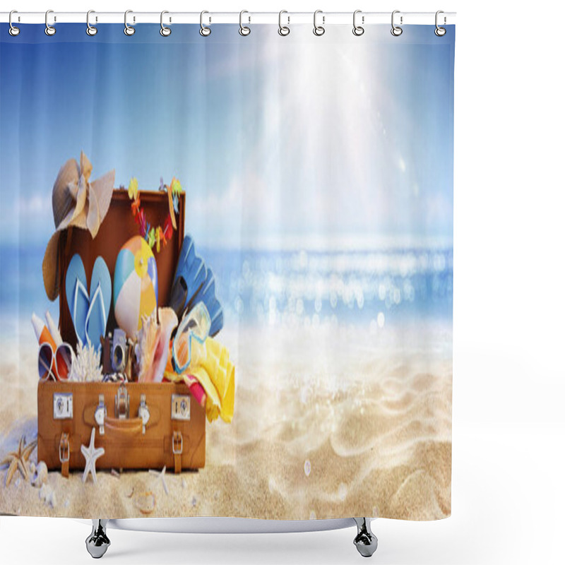 Personality  Summer Beach Preparation - Suitcase And Accessories With Sand And Defocused Glittering On Sea - Travel And Departure Concepts Shower Curtains