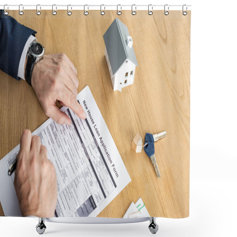 Personality  Cropped View Of House Dealer Holding Pen Near New House Loan Application Form Lettering Near House Model And Key Shower Curtains