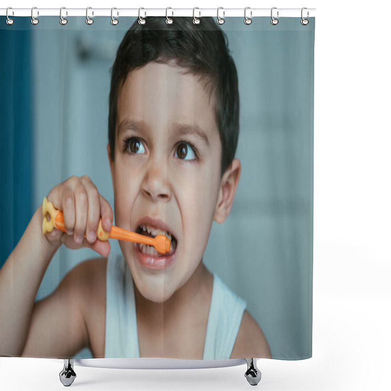 Personality  Cute Little Boy Looking Away While Brushing Teeth In Bathroom Shower Curtains