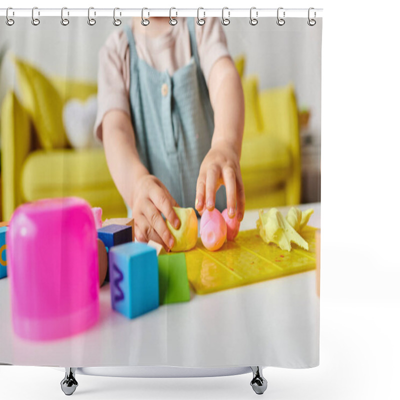 Personality  Toddler Girl Joyfully Playing And Learning With Montessori Toys On A Table At Home. Shower Curtains