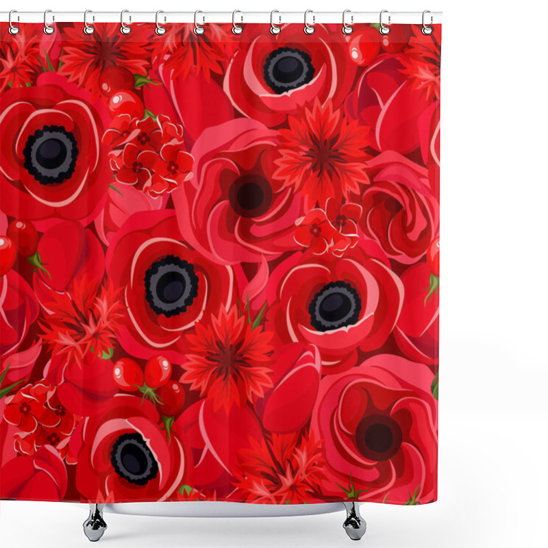 Personality  Seamless Background With Various Red Flowers. Vector Illustration. Shower Curtains