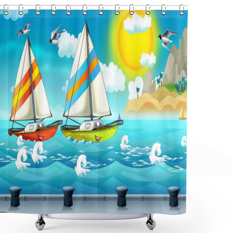 Personality  Cartoon Scene With Sailboat Sailing Into The Port Shower Curtains