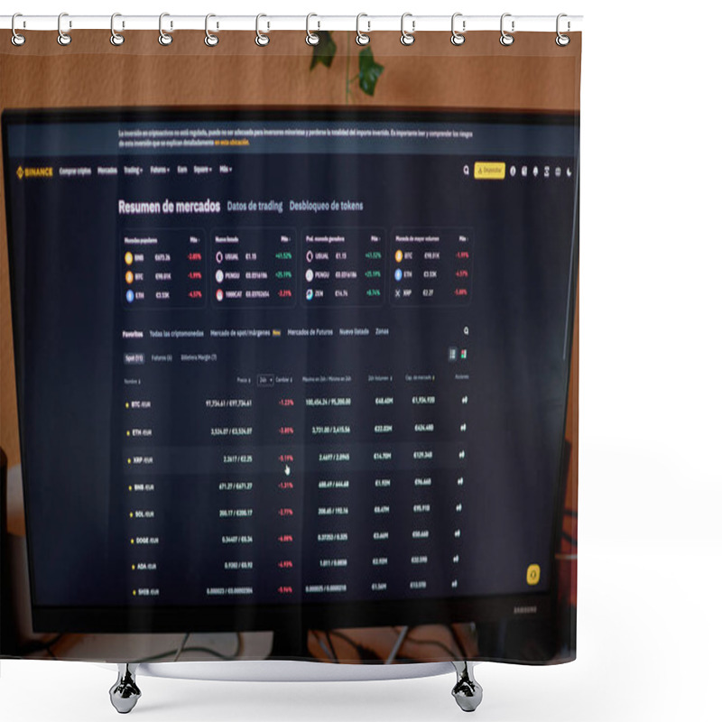 Personality  Vigo,Pontevedra,Spain; December,19,2024:This Image Showcases A Computer Monitor Displaying A Real-time Bitcoin Trading Chart. The Screen Highlights Financial Market Trends, Price Fluctuations, And Technical Indicators Shower Curtains