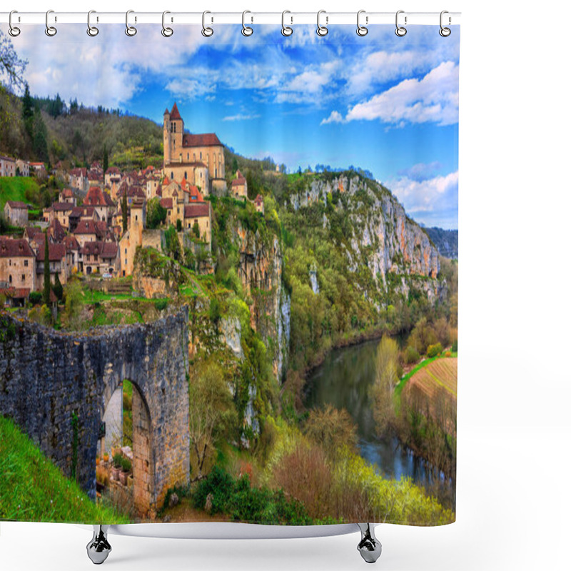 Personality  Medieval Old Town Of Saint-Cirq-Lapopie, One Of The Most Beautiful Villages Of France (Les Plus Beaux Villages), Situated On Roch In Lot River Valley Shower Curtains