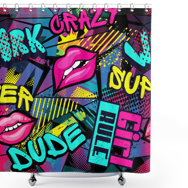 Personality  Abstract Seamless Fashion Print With Lips And Slogan. Repeated Graffiti Pattern For Textile, Sport Clothes, Wrapping Paper, T-shirts, Web. Shower Curtains