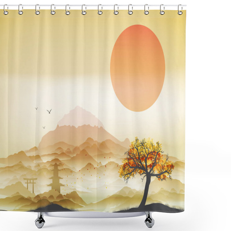 Personality  Japanese Landscape Background With Mountains And Arch - Vector Illustration Shower Curtains