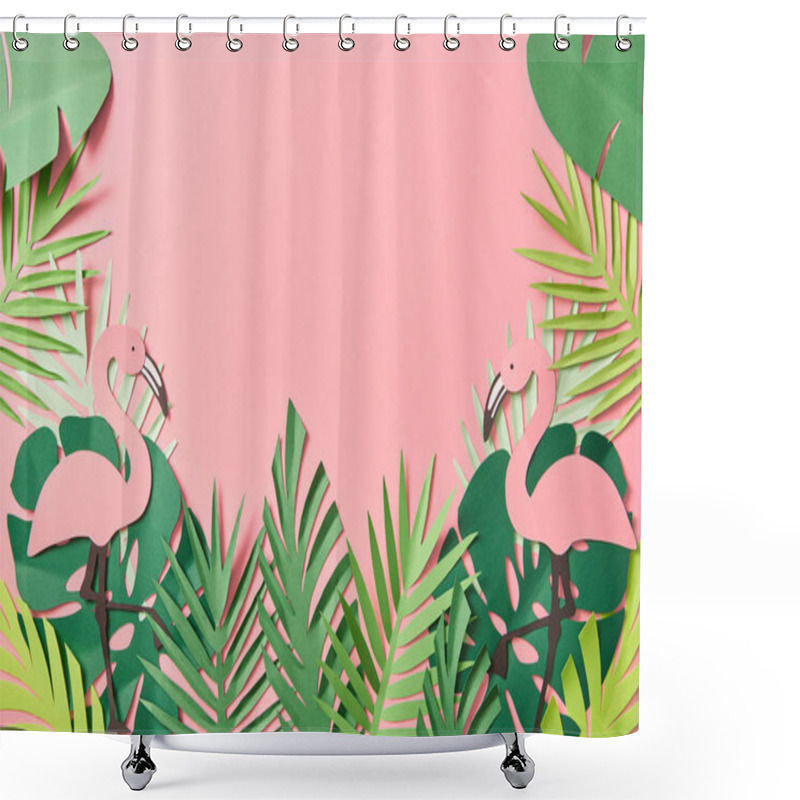 Personality  Top View Of Paper Cut Flamingos On Green Palm Leaves On Pink Background With Copy Space Shower Curtains