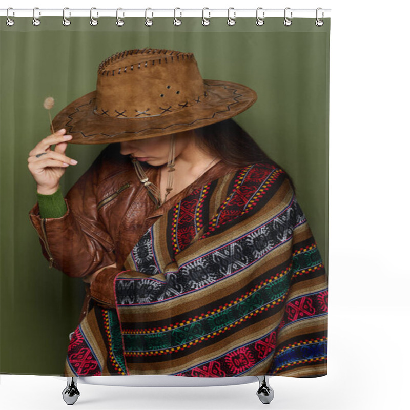 Personality  A Stunning Brunette Embraces Her Culture With A Beautifully Patterned Poncho And Hat. Shower Curtains