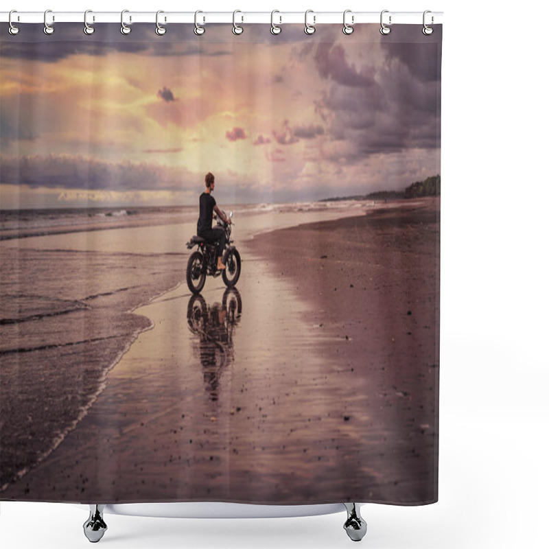 Personality  Side View Of Man Riding Motorbike On Seashore Shower Curtains