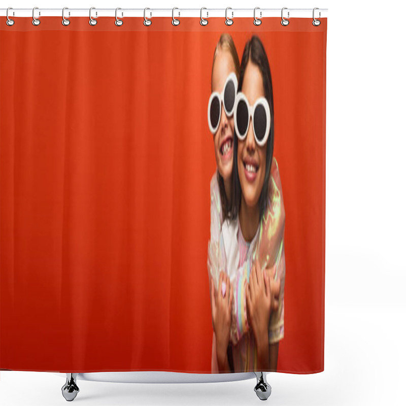 Personality  Cheerful Preteen Kids In Trendy Sunglasses Embracing Isolated On Orange, Banner Shower Curtains