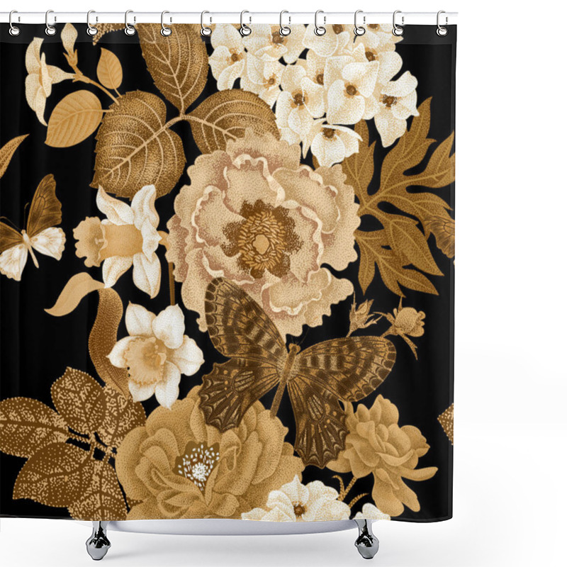 Personality  Seamless Pattern With Flowers Roses And Peonies Shower Curtains