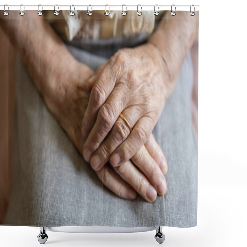 Personality  Wrinkled Hands Of A Senior Woman Shower Curtains