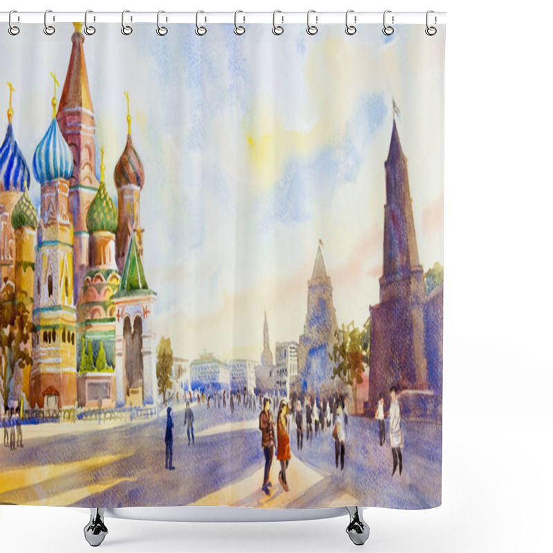 Personality  Kremlin And Cathedral Of St. Basil In The Red Square In Moscow, Russia. The Main Tourist Attraction. Painting Landscape Watercolor Illustration, Beautiful Season Summer And Family Tour. Shower Curtains