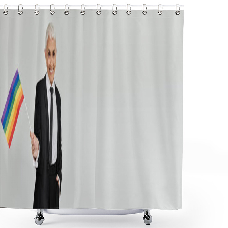 Personality  Charming Individual Proudly Waves A Rainbow Flag, Showcasing Stylish Confidence. Shower Curtains