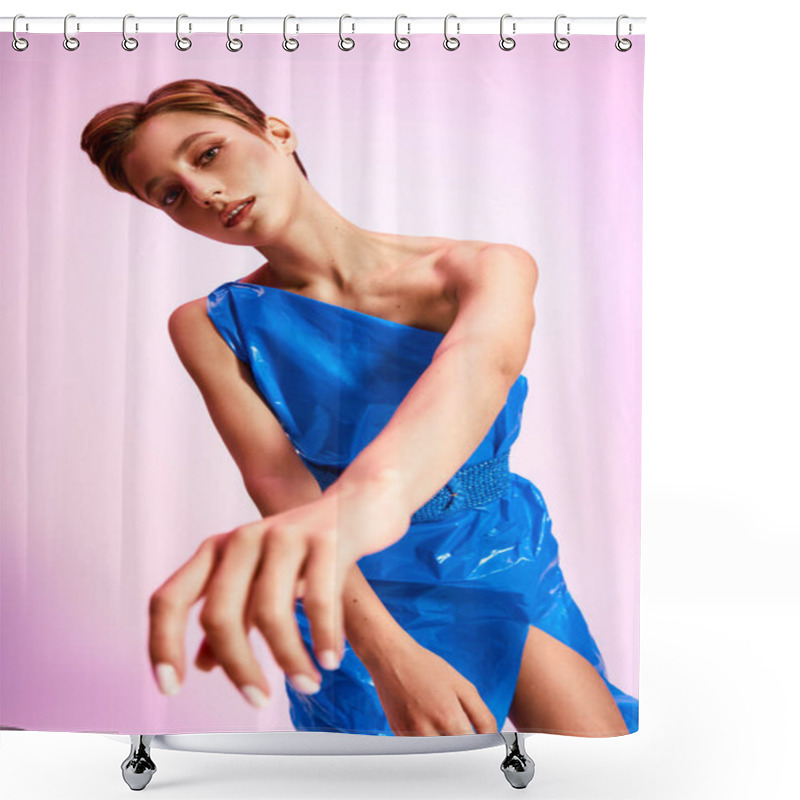 Personality  A Woman Poses In A One-shoulder Dress Made From Recycled Materials. Shower Curtains