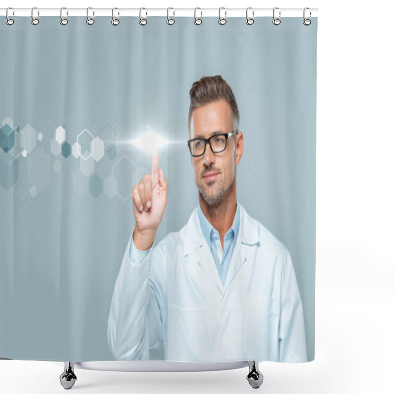 Personality  Handsome Scientist In White Coat And Glasses Touching Technology Interface In Air Isolated On Grey, Artificial Intelligence Concept Shower Curtains