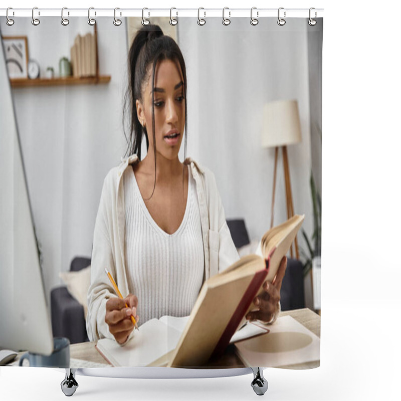 Personality  A Focused Young Woman Studies Remotely, Reading A Book While Taking Notes At Her Cozy Home Desk. Shower Curtains